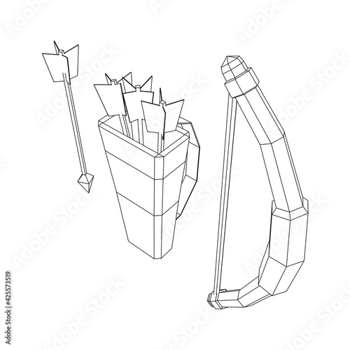 Medieval Bow and arrow archer weapon. Wireframe low poly mesh vector illustration.