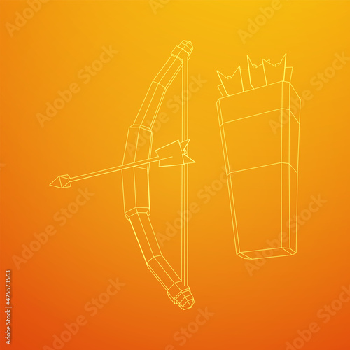 Medieval Bow and arrow archer weapon. Wireframe low poly mesh vector illustration.