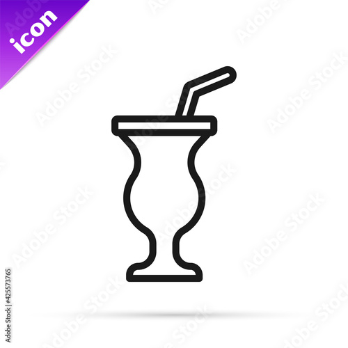 Black line Milkshake icon isolated on white background. Plastic cup with lid and straw. Vector