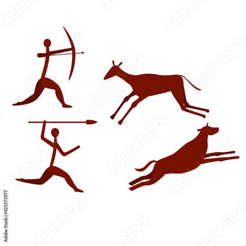 Rock paintings isolated on white background. Hunter and animal in flat.