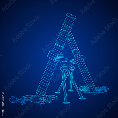 Firearm weapon army mortar and mine. Wireframe low poly mesh vector illustration