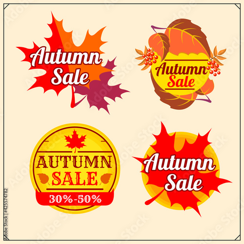 Autumn sale logos, emblems and badges. Lettering spring season with bright fall foliage.
