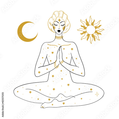 The woman is meditating, against the background of the sun, the moon and the stars. Linear drawing, concept of peace of mind, relaxation, mental health, esotericism and witchcraft. Vector boho tattoo 