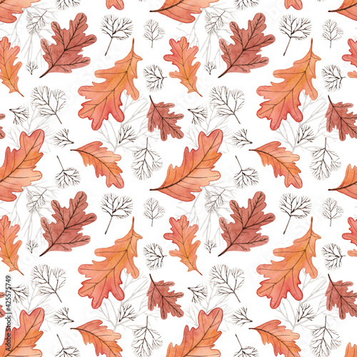 Seamless pattern with watercolor oak leaves and twigs