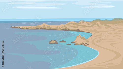 Beautiful landscape of the sea coast with a rocky spit, abstract nature background, vector illustration, flat design.