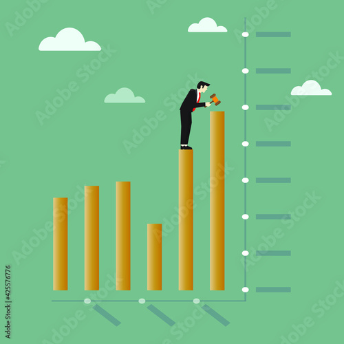 ฺBusiness man with hammer to hit a stock chart, Stock market analysis. Vector illustration