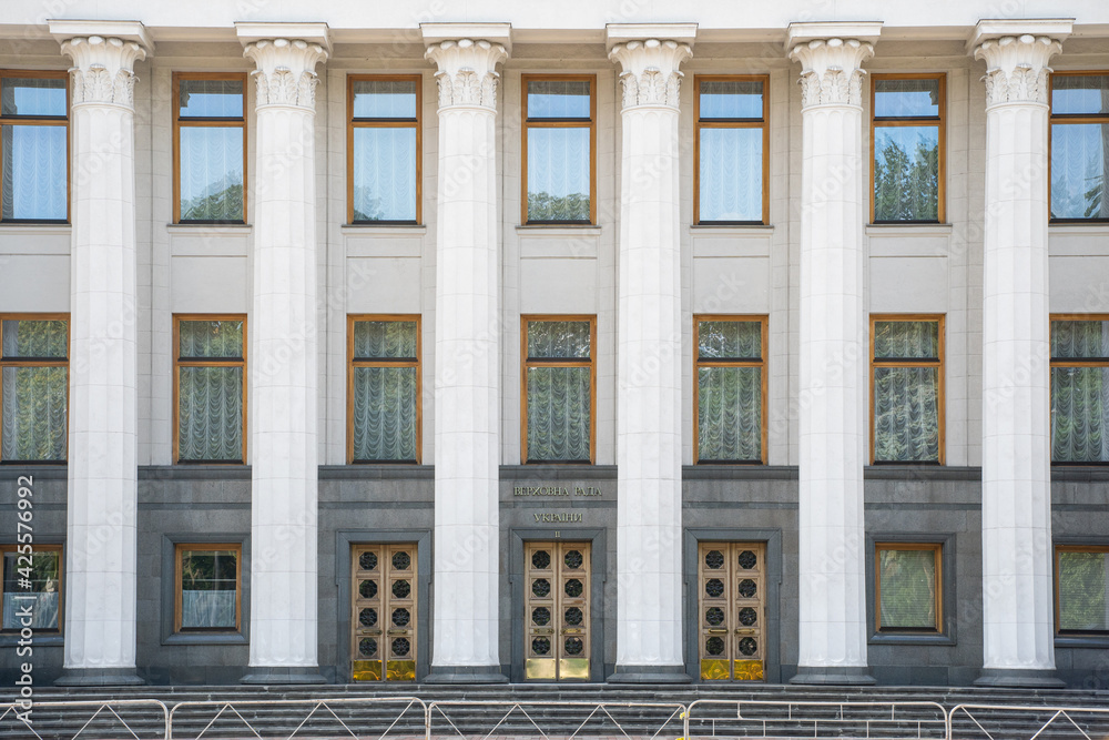 the main entrance to the building of the Ukrainian parliament with columns. Building of Ukrainian Parliament (Verhovna Rada).