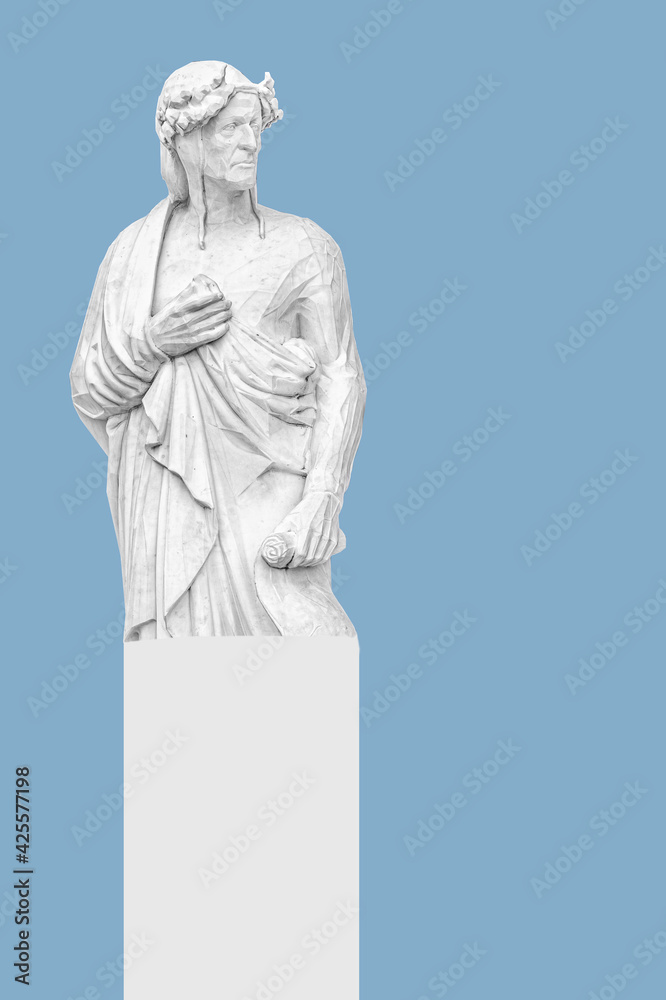 Kyiv, Ukraine â€“ May 3, 2020: Dante Alighieri - white statue on the blue background.