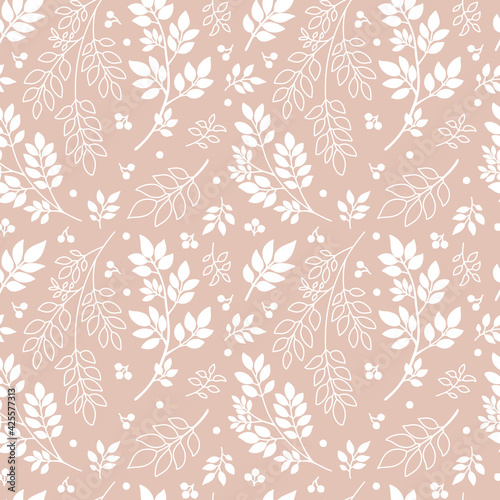 White tree branches on neutral beige background. Abstract Plant  silhouette and outline Twigs  Leaves. Floral seamless pattern  vector texture for fashion textile print  fabric  wrapping  gift paper