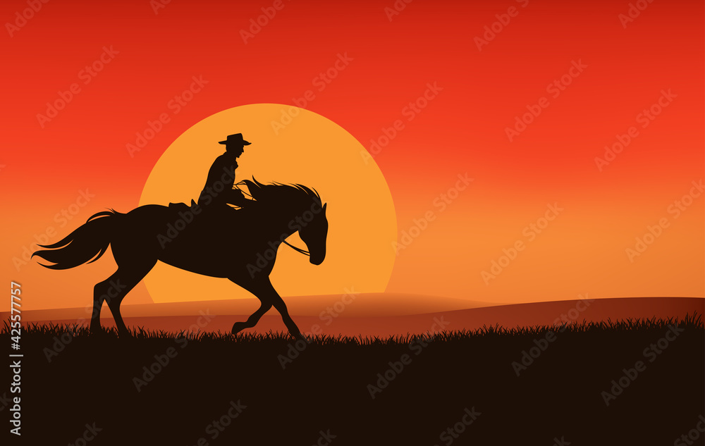 wild west sunset landscape scene vector silhouette design with cowboy riding horse and sun disk - obrazy, fototapety, plakaty 
