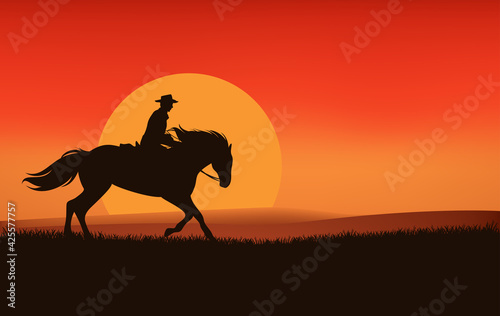 wild west sunset landscape scene vector silhouette design with cowboy riding horse and sun disk © Cattallina