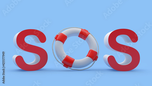Sos sign with lifebuoy on blue. 3d illustration 