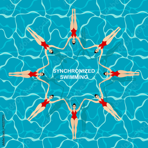 Synchronized swimming lettering on a background with different swimmers. Group performance in the water.