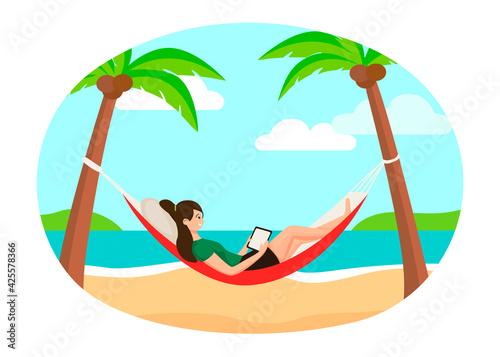 A girl in a hammock with a tablet is working. Rest at the sea. A tourist lies on a tropical island. Work remotely. Freelance girl working on the coast. Distance learning.