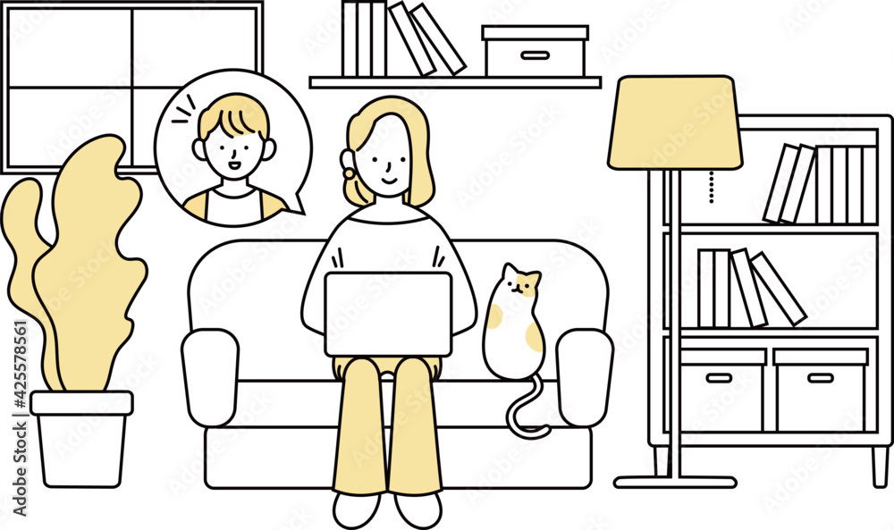 自宅のリビングでリモートワークとテレビ会議をする女性と猫のイラスト Vektornyj Obekt Stock Adobe Stock