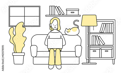 自宅のリビングで猫とリモートワークする女性のイラスト