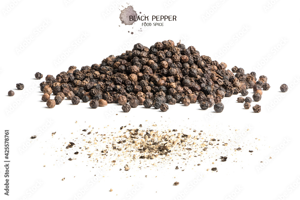 Ground black pepper and ground black pepper on white background