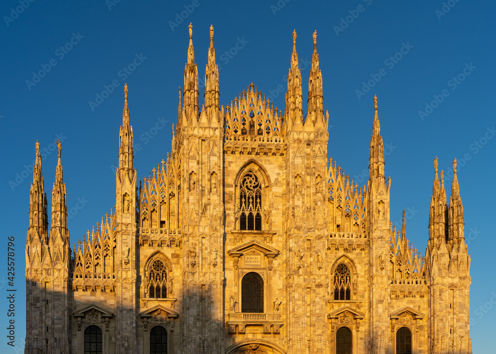 Front exterior of the Duomo di Milano, Milan, Italy.