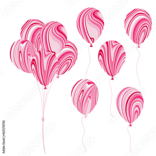 Unusual colorful pink marble (agate) balloons collection.  Decorative elements. Vector