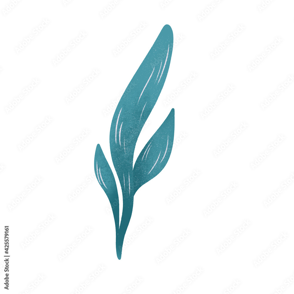 Raster leaf. Floral illustration on white background. Botanical image can be used for wedding invitation, design template, greeting card, patterns fill.