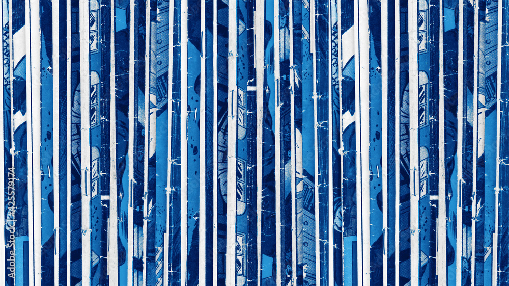 Old comic books stacked in a pile creates textured background pattern with blue monotone effect
