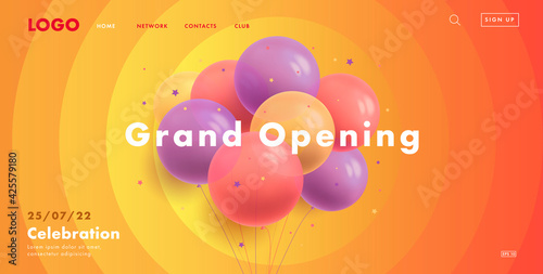 Grand opening web banner with bunch of round transparent air balloons on warm sunny background with circles spreading from center with interface