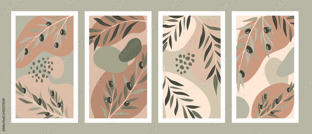 Abstract vector banner design with olive tree leaves and painting dots 
