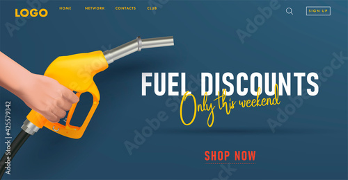 Fueling gasoline web banner with yellow realistic device for filling the car with petrol 3d illustration of fuel nozzle gun, landing page template on blue background