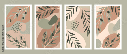 Abstract vector banner design with olive tree leaves and painting dots 