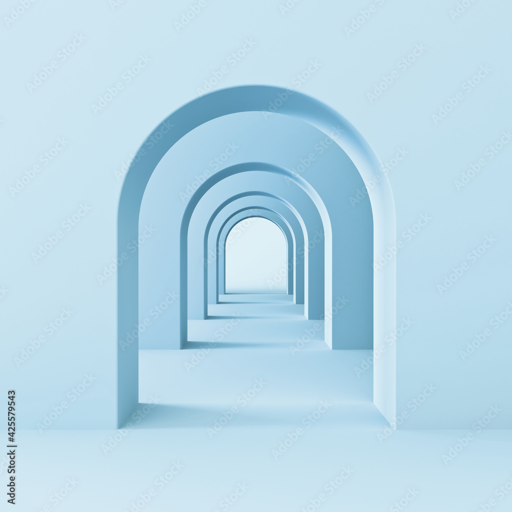 Arch hallway corridor abstract blue background minimal conceptual 3D rendering Arch hallway corridor abstract blue background minimal conceptual 3D rendering