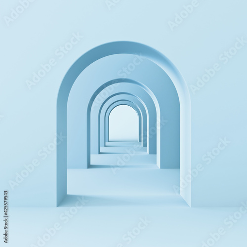 Arch hallway corridor abstract blue background minimal conceptual 3D rendering