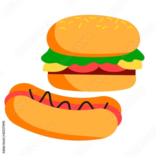 Cartoon cheeseburger, hot dog. Vector sign illustration