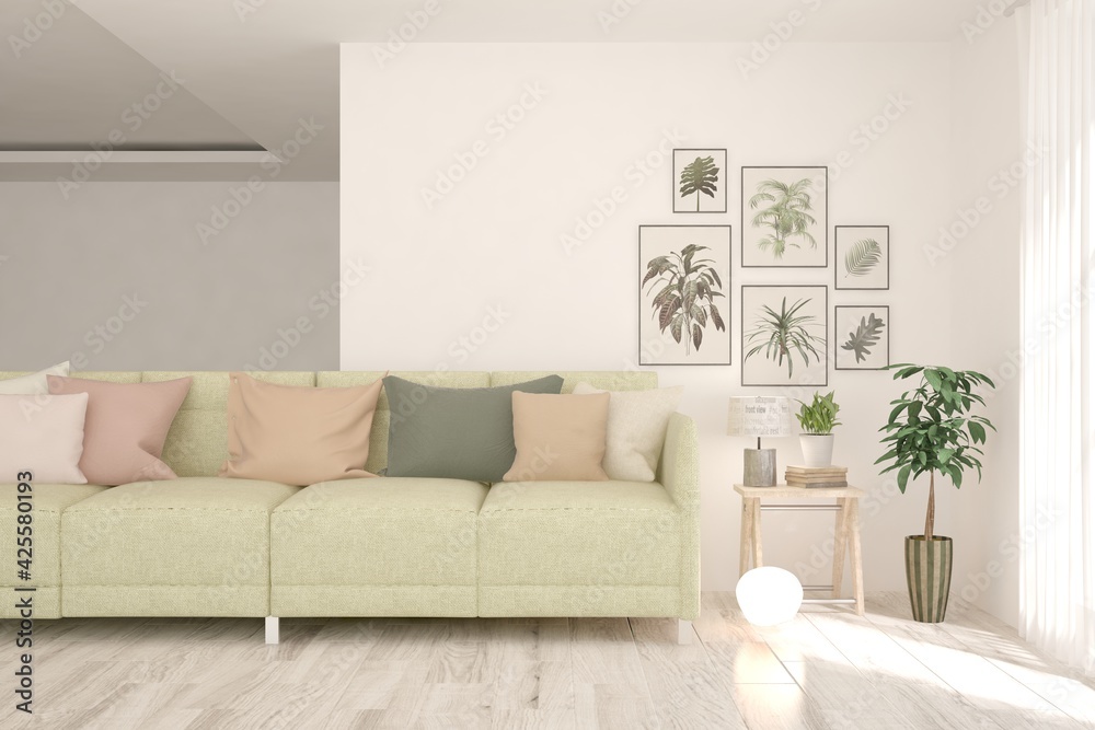 White living room with sofa. Scandinavian interior design. 3D illustration White living room with sofa. Scandinavian interior design. 3D illustration