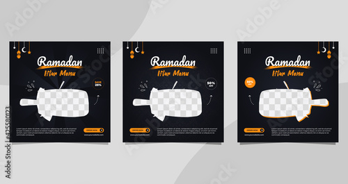 Set of Ramadan social media post templates for iftar food and drink menu in black color background