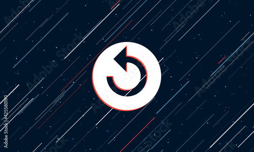 Large white replay media symbol framed in red in the center. The effect of flying through the stars. Vector illustration on a dark blue background with stars and slanted lines