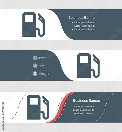 Set of blue grey banner, horizontal business banner templates. Banners with template for text and gas station symbol. Classic and modern style. Vector illustration on grey background