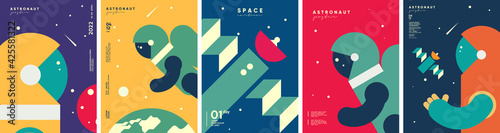 Space. Cosmos. Set of vector illustrations. Wallpaper, poster, cover. Simple flat illustrations about space and the science of the universe.