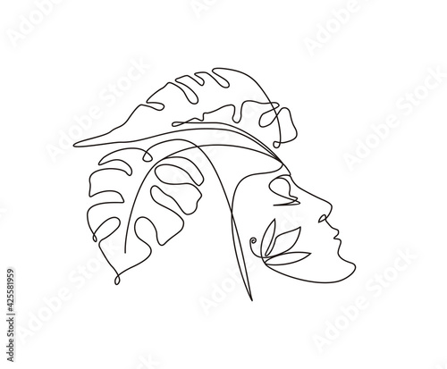 Continuous line of surreal faces , drawing of abstract faces and monstera leaf vector illustration.