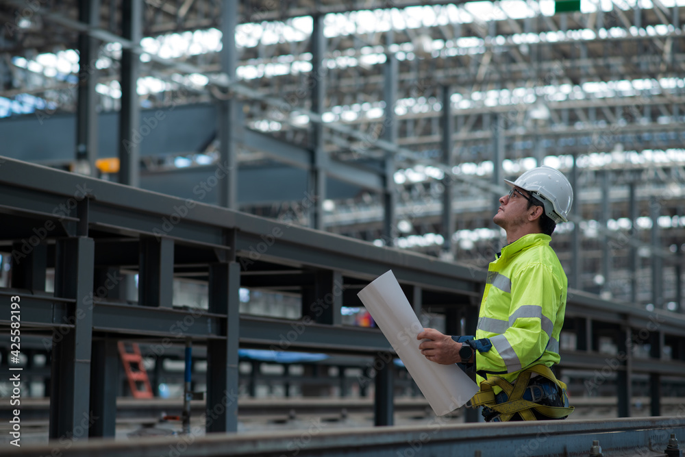 Engineer people  on construction site check drawing and business workflow. construction, engineer, site, management, safety, civil, workers