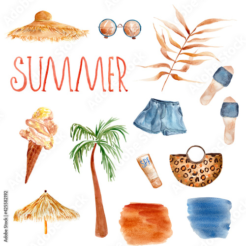 Summer time watercolor set with lettering, hat, glasses, cream, slippers, ice cream, shorts. Template for decorating designs and illustrations.