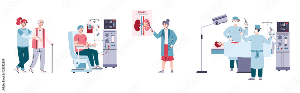Set of kidney failure with doctors and patients, vector illustration isolated. Set of kidney failure with doctors and patients, vector illustration isolated.