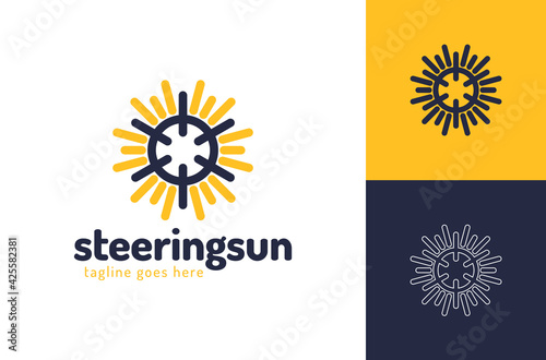 ship steering sun logo. ship wheel logo design vector icon symbol graphic illustration. Boat handwheel, ship wheel helm.