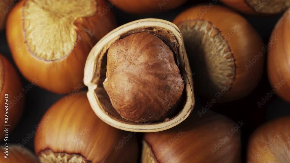 Split. Hazelnuts on a black background, rotates. Close-up. View from above. Handful of nuts Split. Hazelnuts on a black background, rotates. Close-up. View from above. Handful of nuts