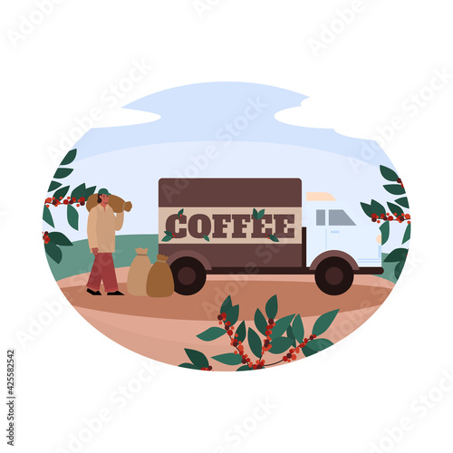 Man farmer carrying canvas sacks with coffee beans to truck delivery for trade