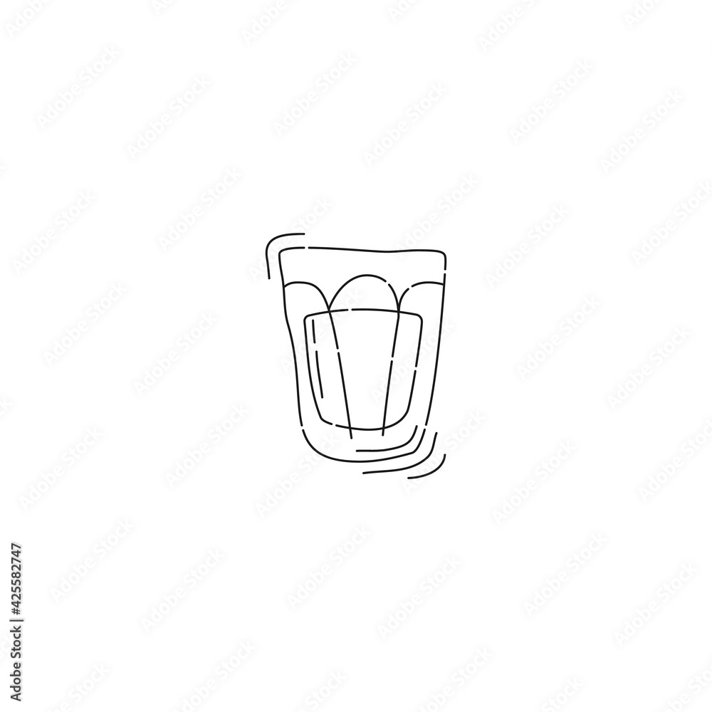 Vodka shot glass on white background. Cartoon sketch graphic design. Doodle style. Colored hand drawn image. Alcohol drink concept for restaurant, cafe, party. Freehand drawing style