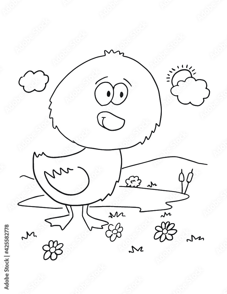 Cute Duck at Pond Coloring Book Page Vector Illustration Art Stock