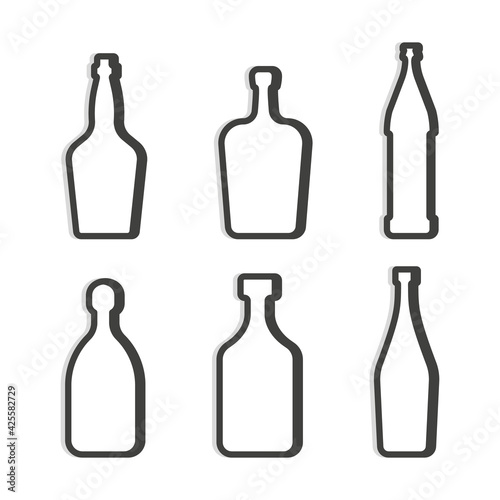Whiskey liquor beer tequila rum martini bottle. Simple linear shape. Isolated object. Symbol in thin lines. Dark outline. Flat illustration on white background