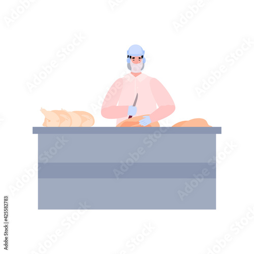 Chicken factory worker cuts chicken carcasses, vector illustration isolated.