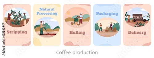 Cards with farmers processing coffee isolated flat vector illustration.