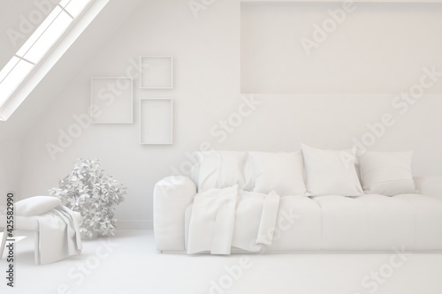Mock up of minimalist living room in white color with sofa. Scandinavian interior design. 3D illustration © AntonSh